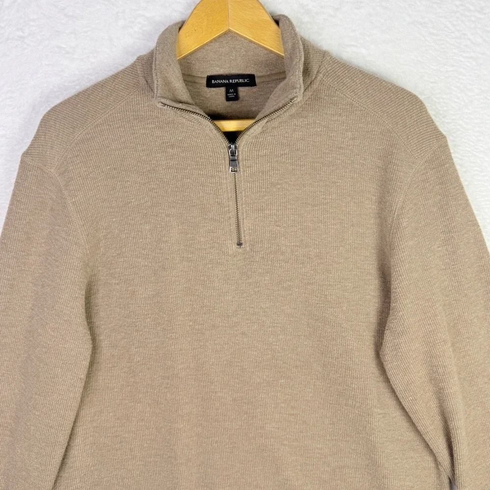 Banana Republic Mens Tan Khaki Waffle Knit Quarter Zip Pullover Sweater M